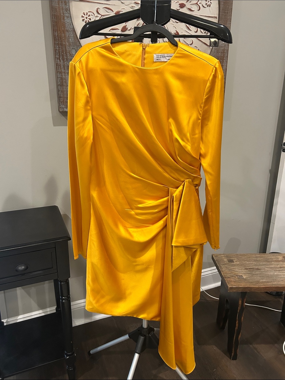 Mac Duggal Golden Yellow Satin Long-Sleeve Draped Dress Size 10